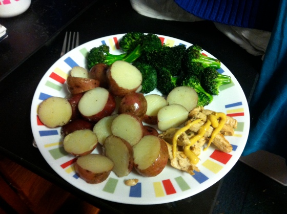 baby potatoes, broccoli, Gardein chick'n